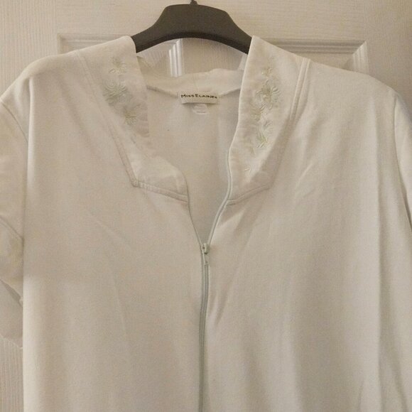 Miss Elaine white robe green floral embroidery pockets zip up L - Picture 9 of 12
